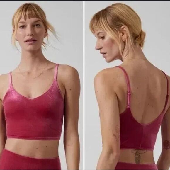 Athleta Elation V-Neck Longline Pink Crushed Velvet Crop Tank Bra Size Small - Picture 1 of 4